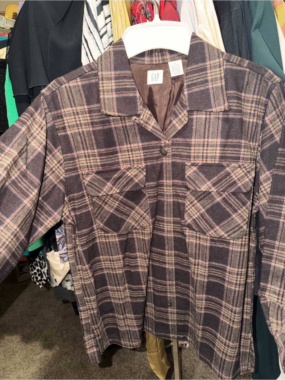 GAP Brown Plaid Shirt Jacket with Subtle Pink Accents